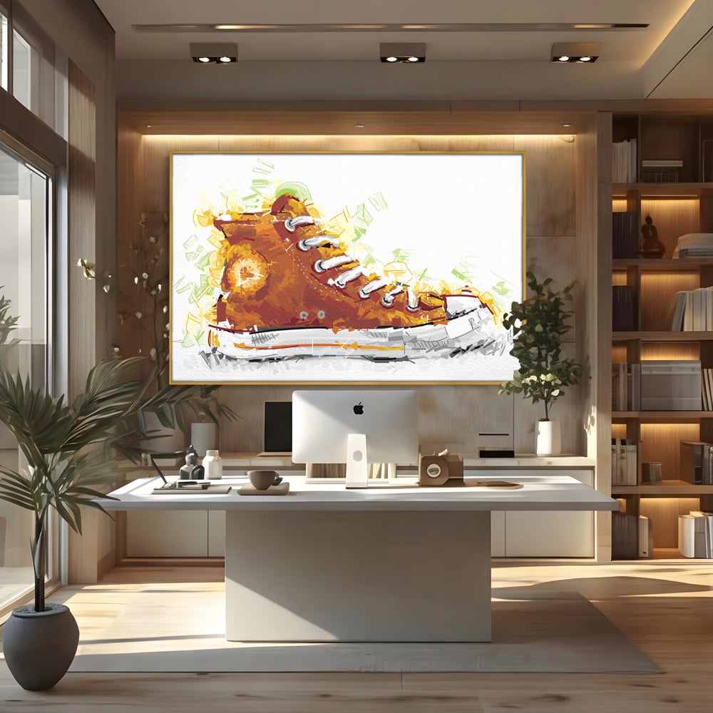 Tablou canvas cu tablou canvas cu tenisi portocalii, in rama de aluminiu auriu, pe perete intr-un birou